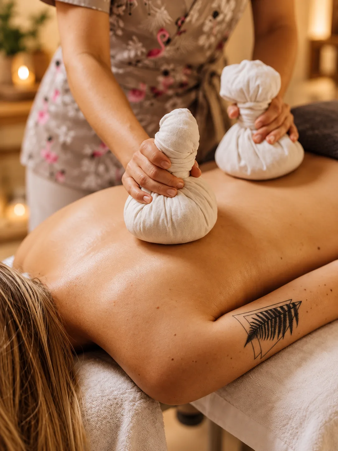 Therapist performing a traditional Thai massage with warm herbal compresses